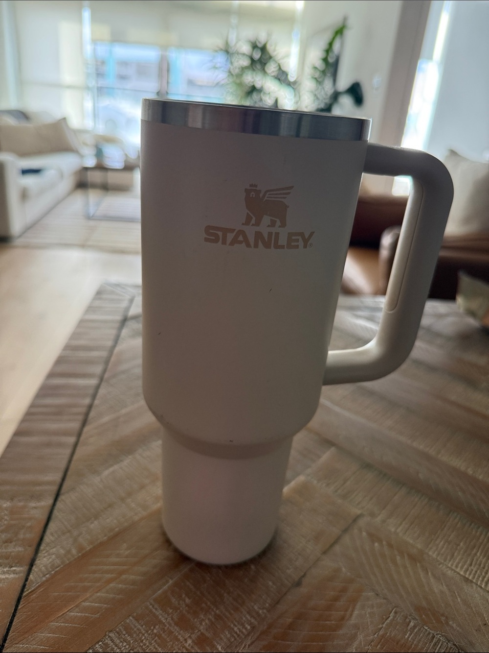 Stanley White Travel Mug with Handle and Stainless Rim